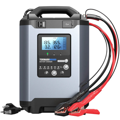 Portable battery charger with digital display and cables on a white background